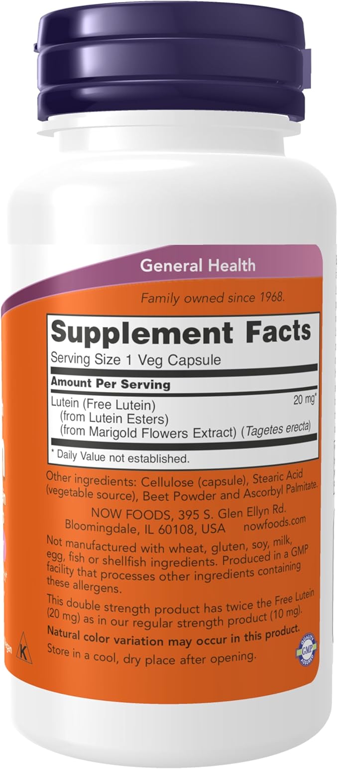 NOW Foods Supplements Lutein 20 mg with 20 mg of Free Lutein from Lutein Esters 90 Veg Capsules
