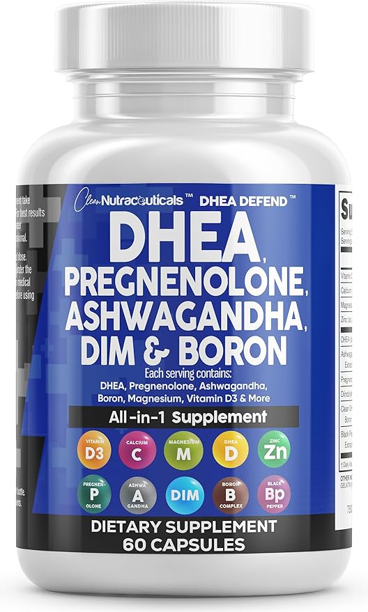DHEA 200mg Supplement Pregnenolone 100mg for Men &amp Women with DIM Ashwagandha Boron 6mg Complex Calcium Magnesium Zinc 50mg Vitamin D3 5000 IU Hormone Support Capsules Pills Made in USA 60 Count