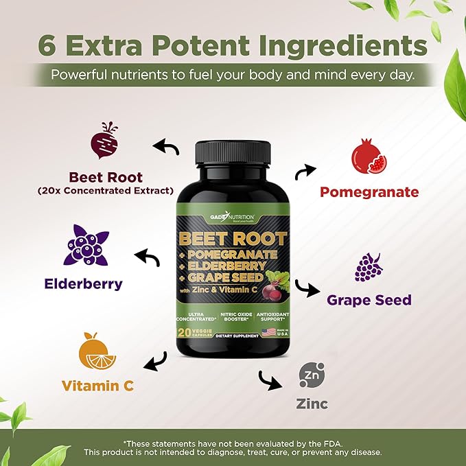 Gade Nutrition Beet Root Capsules Concentrated | Extra Strength Beetroot Extract Formula | Elderberry with Vitamin C and Zinc Pomegranate Grape Seed |Made in USA