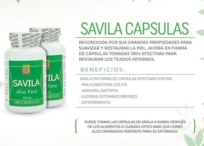 Nutrisalud Products Capsulas de Savila Aloe Vera Capsules 500mg. Set de 2 frascos 100 capsulas CADA uno.Efectivo Contra ulcerasagrurasmala DigestionColitisestreñimiento.Dura mas de 3 Meses.