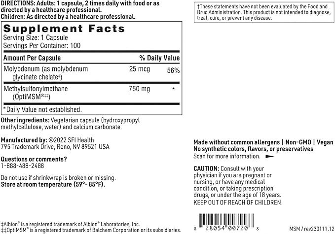 Klaire Labs SFI Health MSM 750 - Clinically Tested to Support Joint Comfort &amp Structure Methylsulfonylmethane as OptiMSM (100 Capsules)