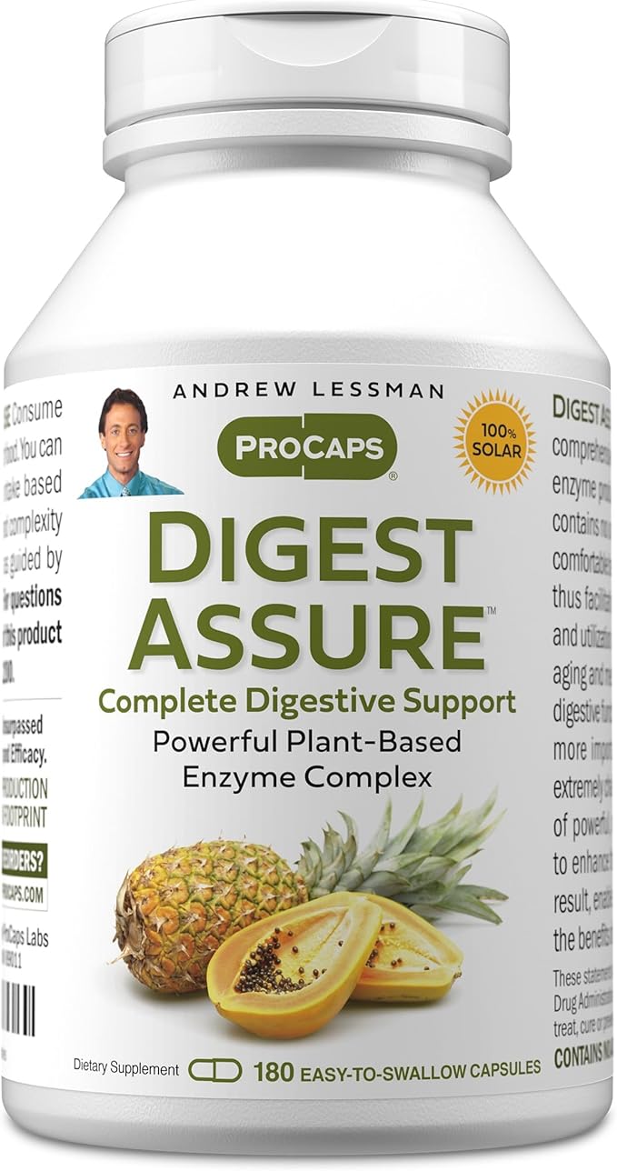 ANDREW LESSMAN Digest Assure 180 Capsules - Comprehensive Blend of Powerful Natural Enzymes to Support and Enhance Digestive Health Vegetarian-Sourced Enzymes Small Easy to Swallow Capsules