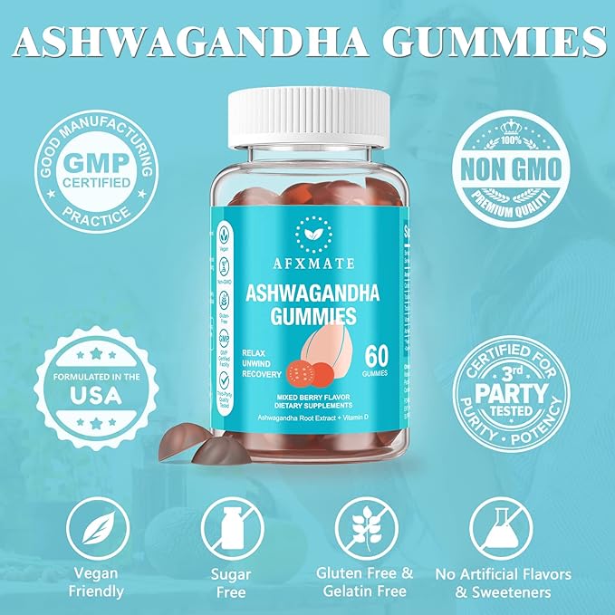 AFXMATE Ashwagandha Gummies &amp Vitamin D Gummies for Men &amp Women 120 Count Aswangdha Supplement (Non-GMO Sugar Free &amp Gluten Free)