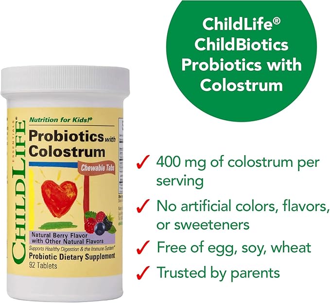 CHILDLIFE ESSENTIALS ChildBiotics with Colostrum- Probiotics for Kids Probiotics for Digestive Health Chewables Children's Probiotic Colostrum for Kids Gluten Free - Natural Berry 92 Tablets