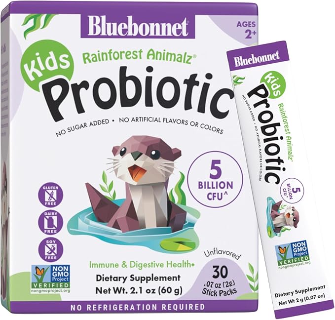 BlueBonnet Nutrition Rainforest Animalz Kids Probiotic 5 Billion CFU^ - Gut Digestive &amp Immune Health - Non-GMO Free of Dairy Gluten Soy Sugar Artificial Flavor &amp Color - Unflavored 30 S