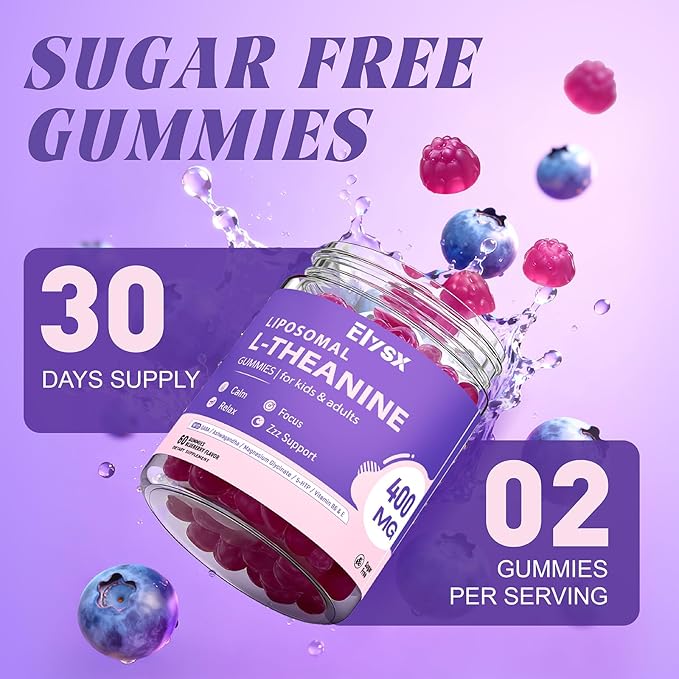 Liposomal L Theanine Gummies Chewable L-Theanine 400mg with GABA Supplement for Kids &amp Adults Stress Relief zzZ and Relaxation Focus Support Natural Blueberry Flavor 60 Count