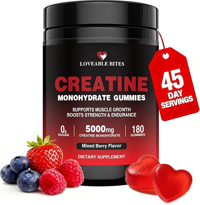 Loveable Bites Creatine Monohydrate Gummies – 5000mg Creatine Gummies for Men &amp Women | Supports Muscle Strength Endurance Energy &amp Recovery | Sugar-Free Vegan Mixed Berry Flavor 180 Coun