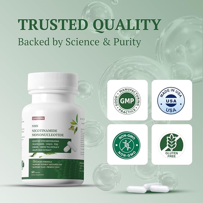 NMN Supplement 500mg Supports NAD+ Levels &amp Cellular Energy Anti-Aging &amp Longevity with NMN (Nicotinamide Mononucleotide) Resveratrol and Niacinamide 60 Veggie Capsules for Women &amp Me
