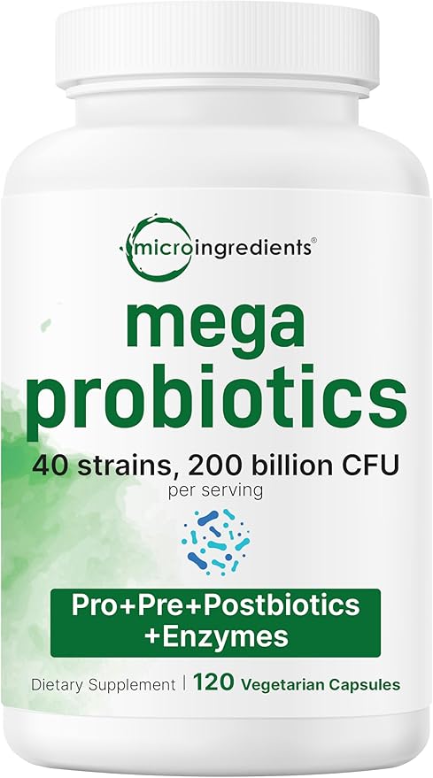 Micro Ingredients Probiotics 200 Billion CFU 120 Veggie Capsules | Mega Probiotics for Men &amp Women | 40 Strains with Prebiotics Postbiotics &amp Digestive Enzymes | Gut Immune &amp Digestive