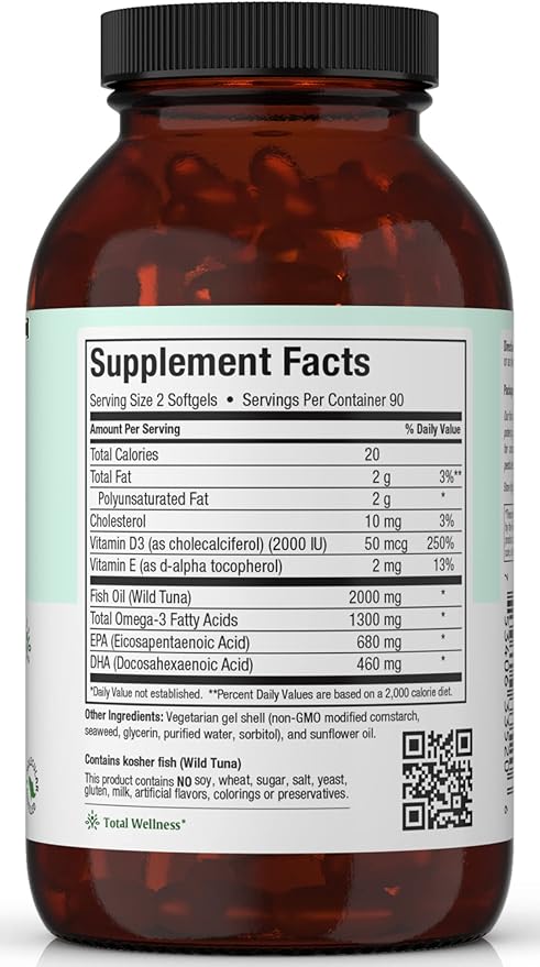 Maxi Health Triple Omega 3 Fish Oil Concentrate with 2000 IU Vitamin D3 – Enteric Coated Fish Oil Omega 3 Supplements with High EPA DHA for Heart Brain Joint and Eye Support Kosher 180 Softgels