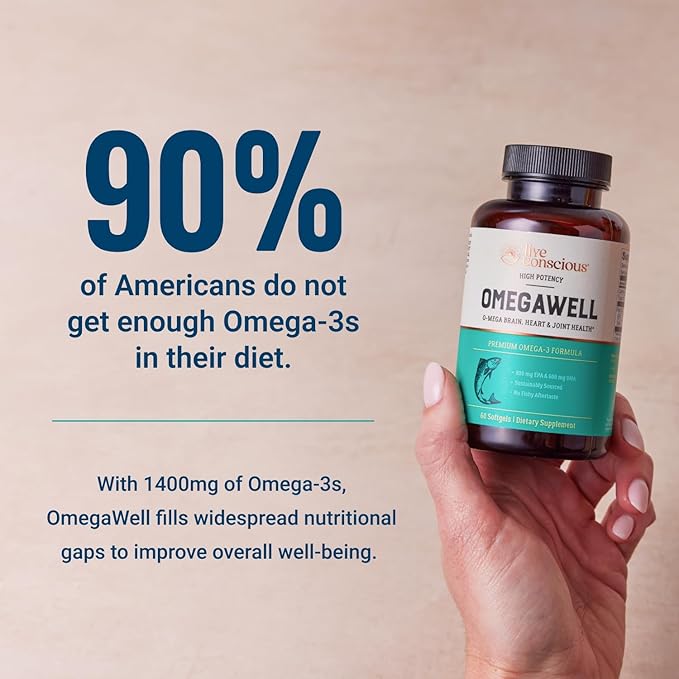 Live Conscious OmegaWell Omega 3 Fish Oil - 2000mg Capsules: Heart Brain &amp Joint Support - 800 mg EPA 600 mg DHA - Sustainably Sourced - Softgels - 30 Day Supply