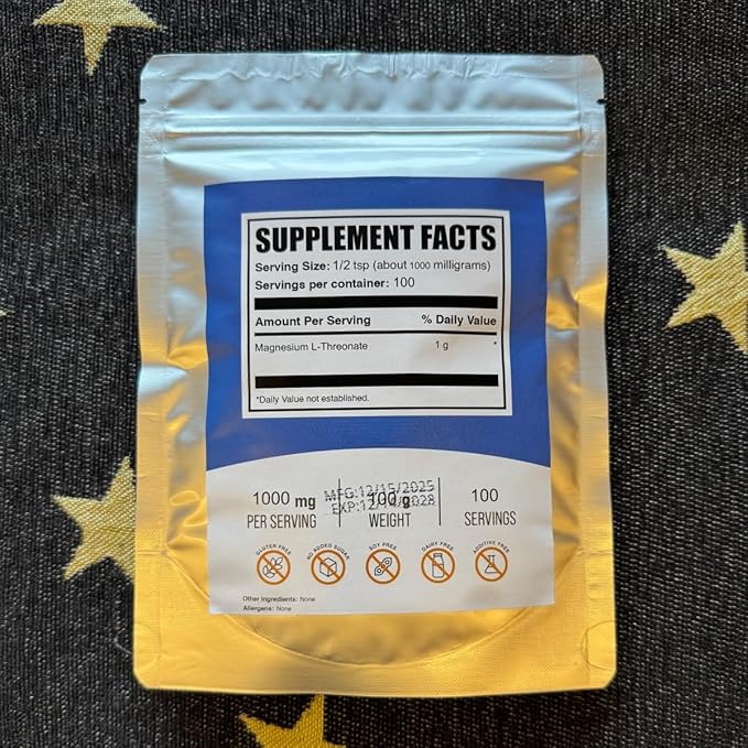 Magnesium L-Threonate Powder Sleep Memory and Cognitive Support – Promotes Brain Health - High Absorption - Most Bioavailable Form of Magnesium - 100 Grams Pure Purity Above 99% Include 1g Scoop