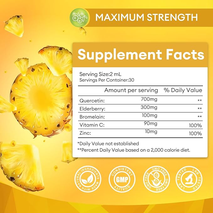 Quercetin Liquid Drops - Quercetin Supplements 700mg - 4X Stronger Than Pills &amp Capsules - 5 in 1 Quercetin with Bromelain Elderberry Vitamin for Immunity Health Respiratory Health Skin Care- 2 Fl