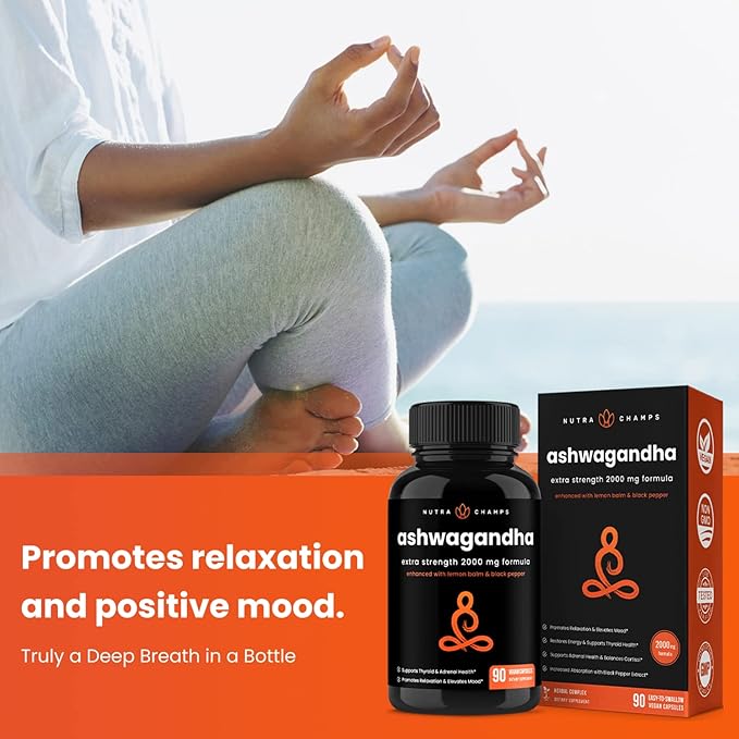 NutraChamps Organic Ashwagandha Capsules 2000mg Adrenal Fatigue Thyroid &amp Mood Support Ashwagandha Supplements Ashwagandha Root Powder &amp Lemon Balm Superior Absorption with Black Pepper