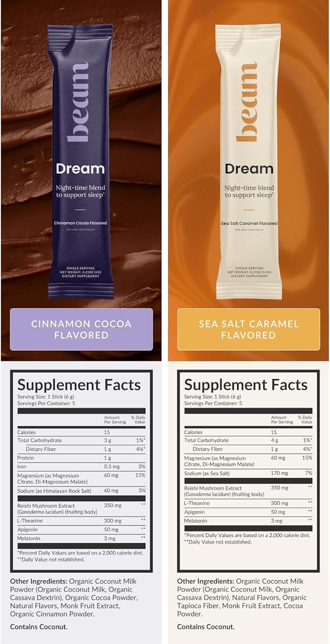 Beam Dream Sleep Powder – Sleep Aid for Adults with Melatonin Magnesium L-Theanine Reishi Mushroom &amp Apigenin Sleep Supplement Sleepy Cocoa Bedtime Drink Mix Starter Set 10 Servings &amp Fr
