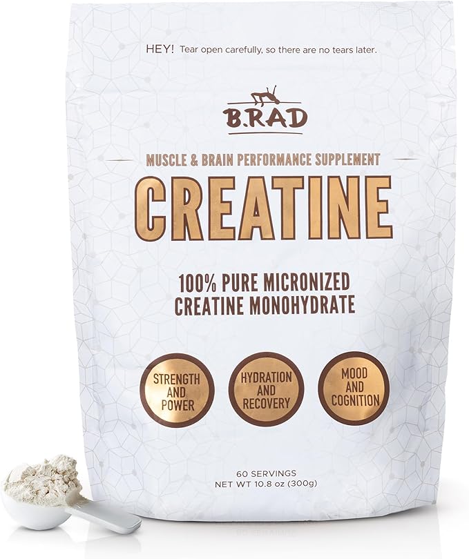 B.rad 100% Pure Micronized Creatine Monohydrate Powder | Natural No Additives | Boosts Muscle Strength Recovery &amp Performance | Supports Brain Health | 300g 60 Servings