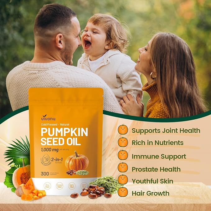 VivoNu Pumpkin Seed Oil with Saw Palmetto Capsules | Cold Pressed Pure Virgin Oil Essential Fatty Acids &amp Phytosterols | 300 SoftgelsSupports Hair Urinary Bladder &amp Prostate Health | Non-G