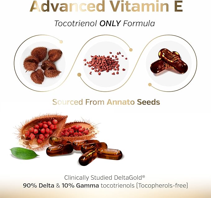 Sunergetic Premium Annatto Tocotrienol Supplement – with DeltaGold – Tocotrienols Vitamin E 300 mg – Supports Liver Immune &amp Heart Health - Delta + Gamma Tocotrienols (30 Liquid Capsules)