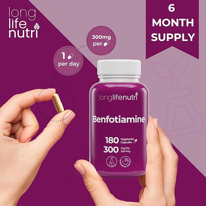 LongLifeNutri Benfotiamine 300mg – 180 Vegetarian Capsules 6-Month Supply Fat-Soluble B1 Thiamine Supplement for Energy and Wellness Lab Tested Made in USA