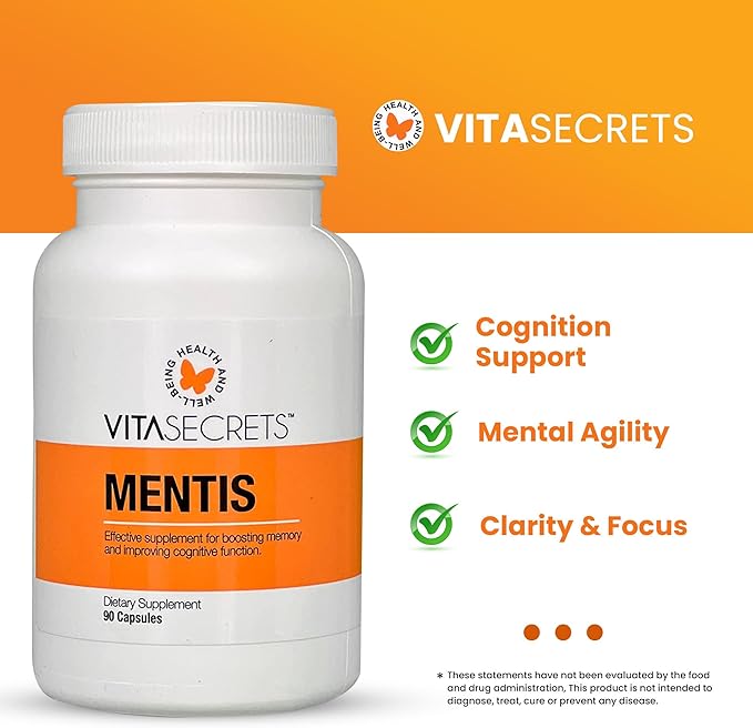 Vitasecrets Mentis Memory &amp Cognition Support Supplement - Concentration Clarity Cognitive Enhancement - Vitamins B6 B12 Ashwaganda Gingko Biloba| Gluten and GMO Free 90 Capsules