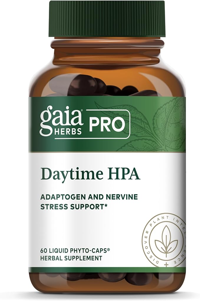 GAIA HERBS PRO Daytime HPA - Adaptogen Support Supplement - Nervous System Support Supplement with Olive Oil &amp Rhodiola* - Vegan Gluten-Free Soy-Free - 60 Liquid Phyto-Caps (30 Servings)