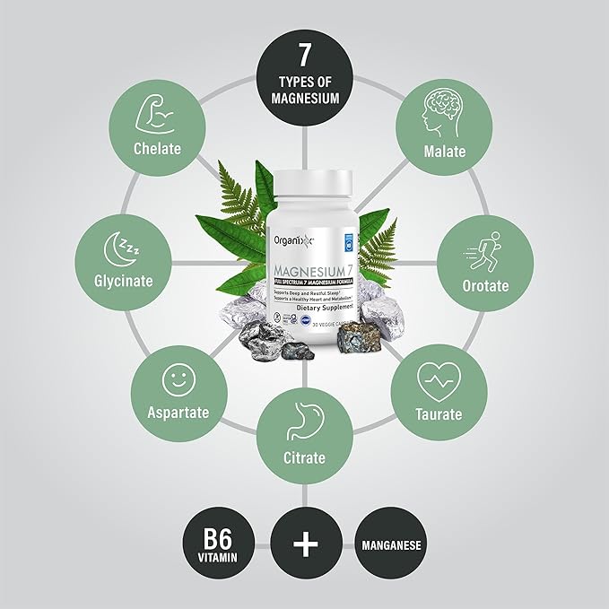 Organixx Magnesium Supplement Natural Magnesium Capsules for Sleep Support Muscle Recovery with Vitamin B6 and Manganese Citrate and Glycinate High Absorption Vegan Non GMO (30 Count)
