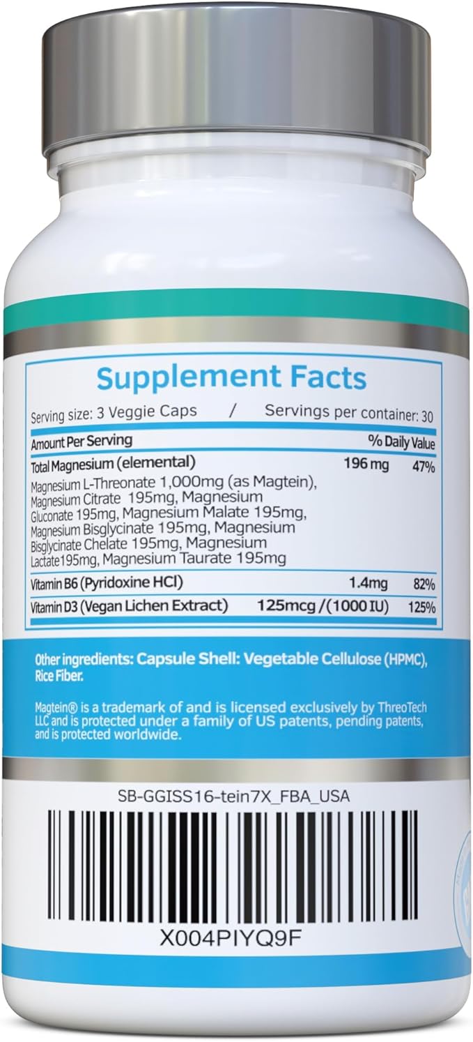 Magnesium L-Threonate Complex 7-in-1 with 1000mg of Magtein Plus Magnesium as Bisglycinate Taurate Citrate Gluconate Malate &amp Lactate - Supports Sleep - Vegan US Made and No Artificial Nastie