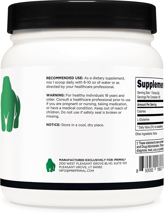 Primal L-Glutamine Powder (500 Grams 100 Servings) | Pure Unflavored Glutamine Amino Acid for Sport &amp Workout Support and Performance - Gluten Free Non-GMO Nutritional Supplement