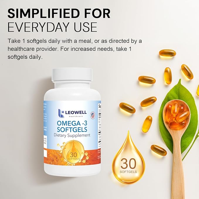 Leowell Omega-3 Softgels – High Potency EPA 432 mg &amp DHA 288 mg Fish Oil Supplement – 720 mg Total – 30 Softgels – Supports Heart Brain &amp Joint Wellness – Fish Oil Pills Omega 3 Supplement