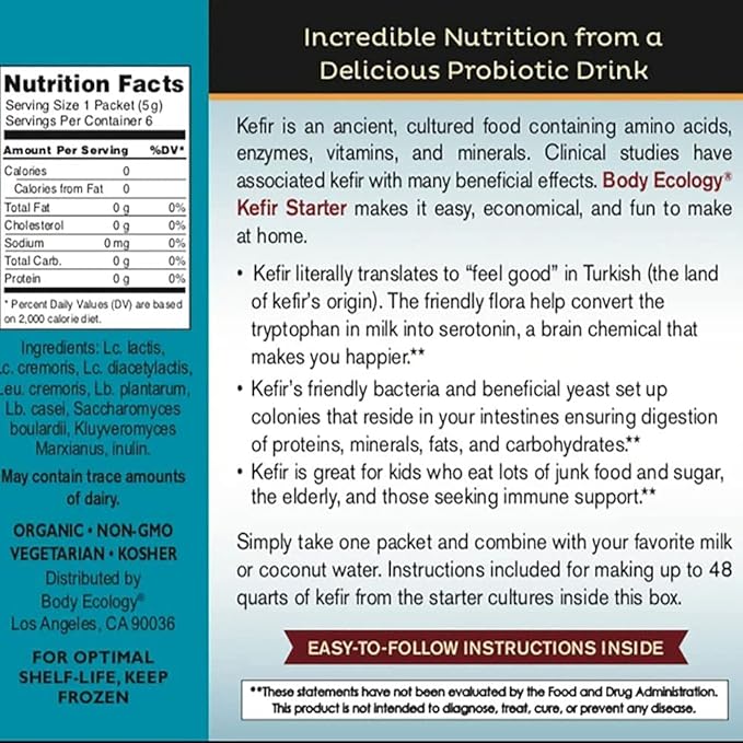Body Ecology Kefir Starter | Nutritious Probiotic Drink | Aids in Optimal Digestive Health | Non-GMO | Gluten-Free and Vegetarian | 6 Packets