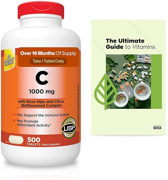 KKL Extra Strength Vitamin C 1000 mg 500 Count Immune &amp Antioxidant Support Daily Dietary Supplement + Exclusive Vtmx Vitamin Guide (2 Items)