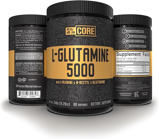 5% Nutrition Core L-Glutamine 5000 Supplement w/L-Alanine | Immune &amp Digestive Support | Amino Acid Muscle Builder Post Workout Recovery | Unflavored (60 Servings)