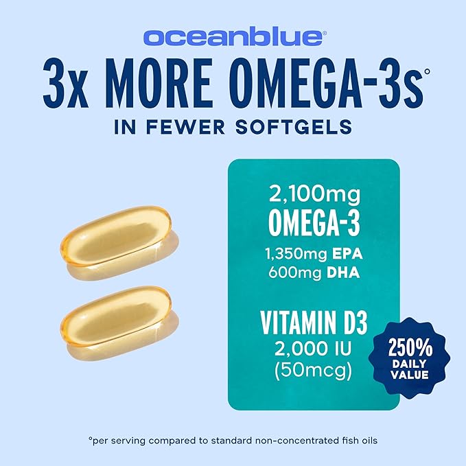 Oceanblue Professional Fish Oil with Vitamin D3 | Triple Strength 2100mg Omega-3 DPA EPA DHA | Wild Caught | Burpless Orange Flavor | 180 Softgel Capsules