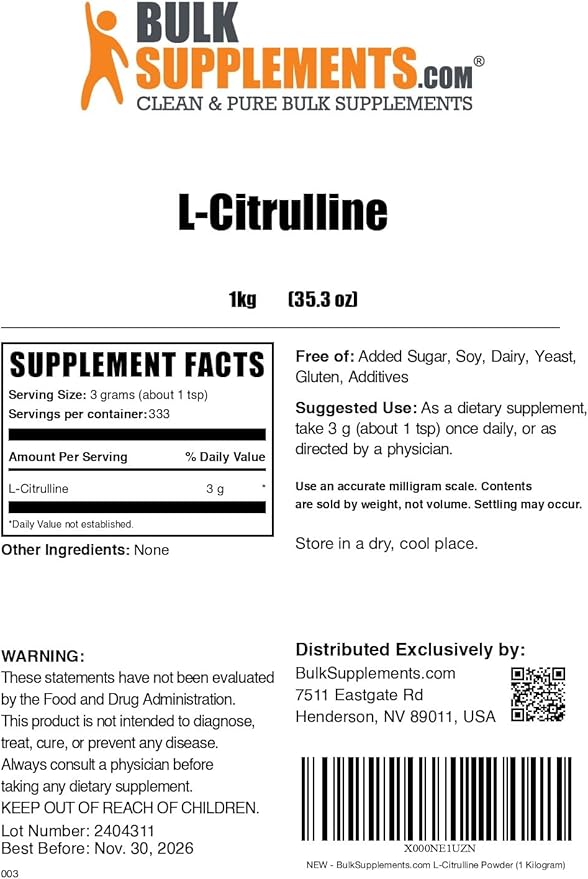 BulkSupplements.com L-Citrulline Powder - Citrulline Supplement Nitric Oxide Supplement - Unflavored &amp Gluten Free - 3g per Servings 1kg (Pack of 5) (11 lbs)