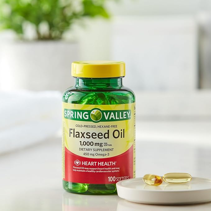 Flaxseed Oil Softgels - Vegan Omega 36 and 9 Dietary Supplement - Flaxseed 1000mg Softgels per Serving - Flax Seed Oil Pills by Spring Valley 100 Count (Pack of 1) - Set by Basket Goods