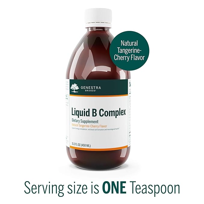 Genestra Brands Liquid B Complex | Broad Spectrum B-Vitamin Complex to Support Energy Metabolism Red Blood Cell Formation and Neurological Health | 15.2 fl. oz. | Natural Tangerine-Cherry Flavor