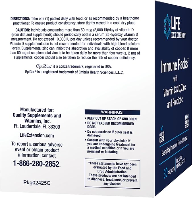 Life Extension - Immune Packs with Vitamin C &amp D Zinc and Probiotic (30 Packs)