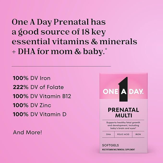 One A Day Prenatal Vitamins- Folic Acid Iron Omega- 3 (DHA) Pregnancy Vitamins for Women Prenatal Multivitamin for Mom and Baby Support Pregnancy Must Haves 90 Ct (Packaging May Vary)