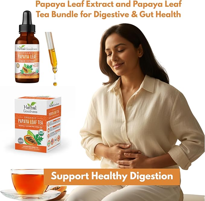 Herbal Goodness Organic Papaya Leaf Tea &amp Liquid Extract Bundle – Digestive &amp Blood Platelet Support – USDA Organic Non-GMO Caffeine-Free – 24 Tea Bags &amp 1 oz Liquid Extract (2-Item Kit)