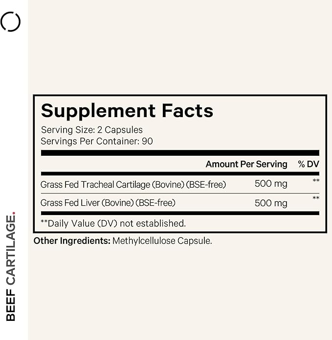 Codeage Grass Fed Beef Cartilage Supplement - Freeze Dried Non-Defatted Desiccated Beef Tracheal Bovine Cartilage &amp Liver Pills – Pasture Raised Argentina Beef Vitamins - Non-GMO -180 Capsules