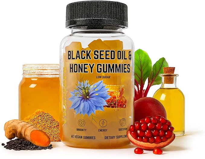 Black Seed Oil &amp Honey Gummies - with Black Cumin Seed Oil Vitamin C Turmeric &amp Biotin - Immune Support Supplement for Joint Gut &amp Skin Health 60 Gummies