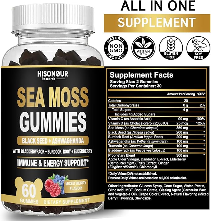 Sea Moss Gummies with Black Seed Oil Ashwagandha Ginger Irish Sea Moss for Immune &amp Energy Support Mixed Berry Flavor Vegan 60 Count