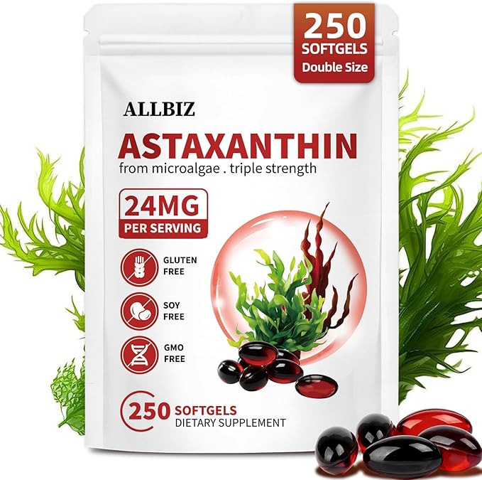 ALLBIZ Astaxanthin 24mg | 250 Softgels | 250-Day Supply | Premium Antioxidant Supplement Supports Eye Skin Brain &amp Liver Health | Natural Microalgae Source Non-GMO Gluten Free