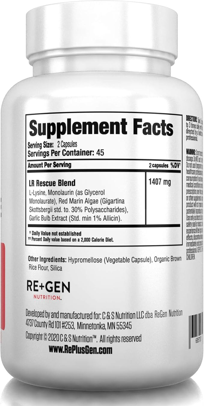 Re+Gen Nutrition Lysine Rescue Amino Acid Supplement for Stronger Immune Health &amp Collagen Synthesis in Women &amp Men Promotes Lips &amp Skin Health Natural Pure L-lysine 90 Capsules 45 D