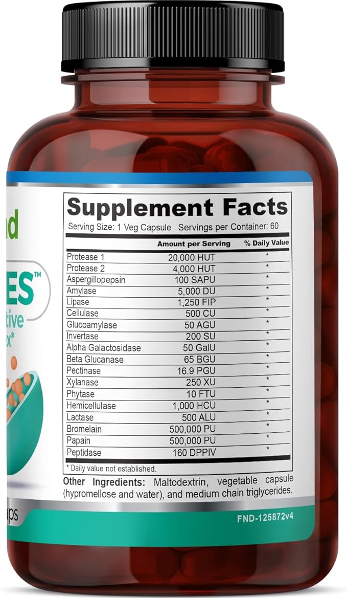 FineLand D-ENZYMES Advanced Digestive Support Complex Breakdown of Nutrients Digestion Hemicellulose Peptidase 60 Capsules/ 60 Servings