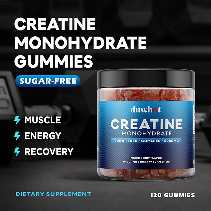 duwhot Creatine Monohydrate Gummies for Men Creatine Monohydrate Chewables 5g Per Serving Vegan Sugar Free Mixberry Flavor 120 Count