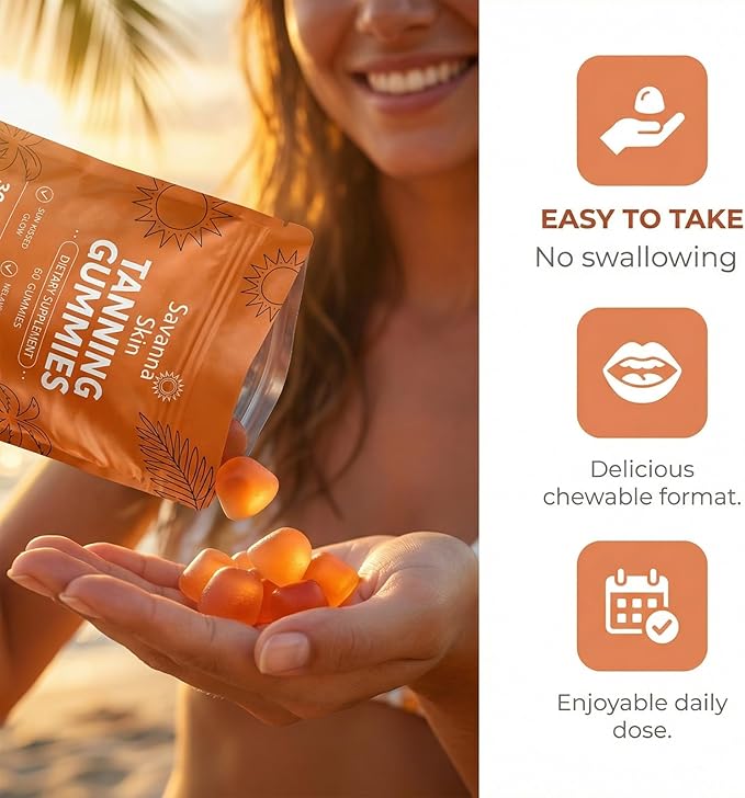 Savanna Skin Tanning Gummies with Vitamin C &amp E Astaxanthin Beta Carotene Skin Radiance &amp Hydration for Natural Looking Glow Bronzing Non-GMO Vegan &amp Sugar Free - 60 Count (1)