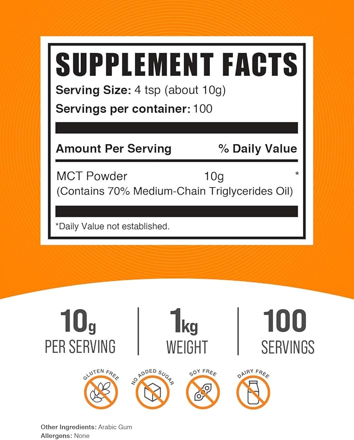 BulkSupplements.com MCT Powder - Medium Chain Triglycerides MCT Oil Powder - Energy Supplement Gluten Free 10g per Serving 1kg (2.2 lbs) (Pack of 1)