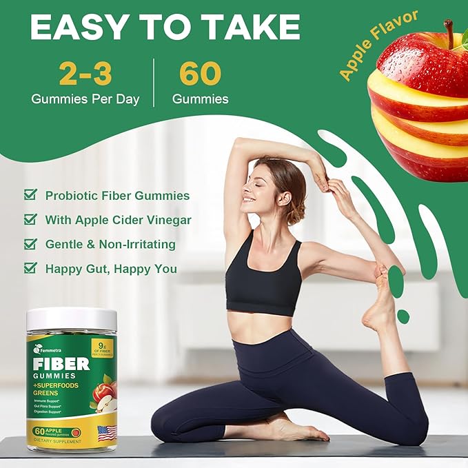 9G Fiber Gummies for Digestive Health &amp Regularity - No Sugar Added Apple Flavor - Prebiotic Fiber Supplement with Greens - Daily Gummies for Adults Women &amp Men - 60CT