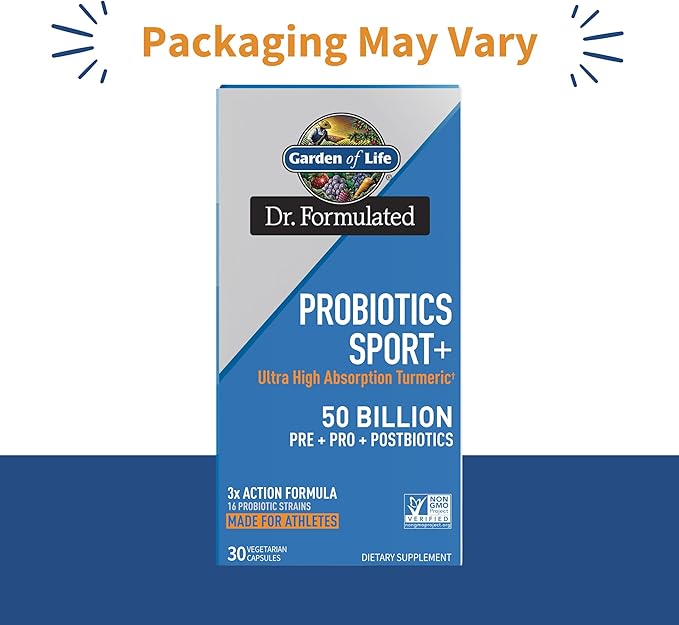 Garden of Life Dr Formulated Sport Probiotics Digestive Supplement Organic Prebiotics for Women &amp Men Athletes Clinically Studied Turmeric Curcumin 50 Billion CFU Gut Health Acidophilus 30ct